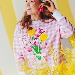 Pink and Yellow Crew Neck Top with Floral Design
